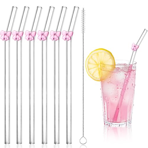Cosmeria Glasstrohhalme Lang Mit Schleifenmuster 6 Stück Wiederverwendbare Strohhalme Aus Hochborosilikatglas Inklusive Strohhalm Bürste Ideal Für Smoothies Säfte Und Cocktails