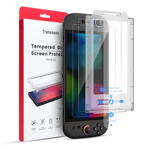 TRANSNOVO【2枚+専用ガイド枠付き】Switch 2 2025対応保護画面ガラスフィルム ニンテンドースイッチ用 強化ガラス 9H硬度 高感度タッチ 迅速な対応貼り付けガイド付き 気泡・キズ防止 高耐久 撥水撥油