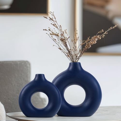 Juego de 2 jarrones de cerámica Azul – Jarrones Decorativos Circulares de Color Azul Marino para decoración del hogar, Granja, Sala de Estar, Cocina, Dormitorio, Mesa de Comedor y Decor de Oficina
