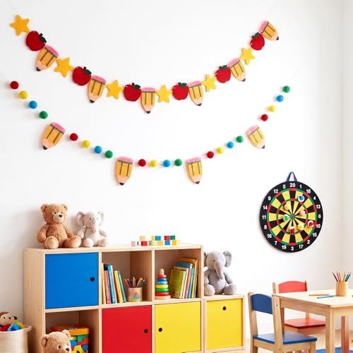Image of Tatuo 3 Pcs 17.72 ft Back to School Felt Pom Banner Pencil Apple Hanging Banner Welcome Classroom Garland for First Day of School Decoration