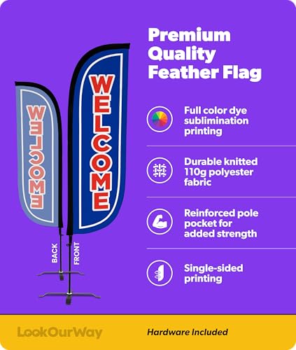Image of LookOurWay Feather Flag Set - 5ft Tall Advertising Banner Flag with Pole Kit and X-Stand for Business Promotion - Welcome Blue /Red