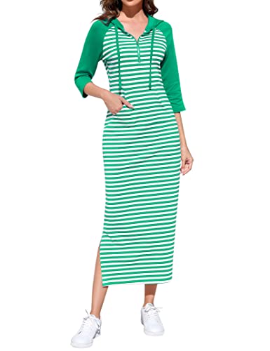 Image of MISSKY Women Casual Pocket Quarter-Zip Neck 3 /4 Sleeve Slim Split Pullover Hoodie Maxi Dress