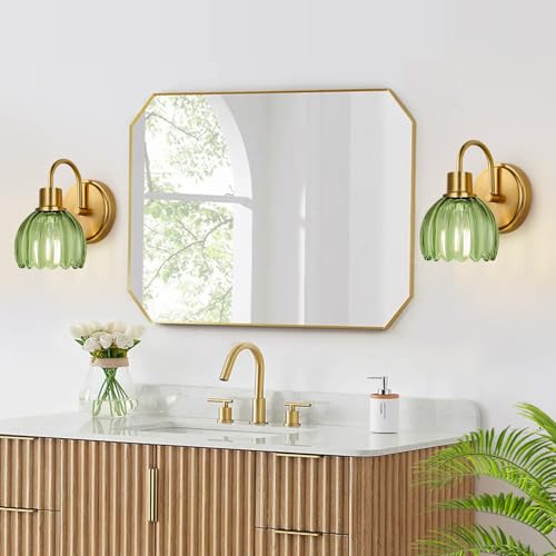 Image of 2-Pack Brushed Gold Bathroom Vanity Light, Single-Head Wall Sconce with Ribbed Green Tulip Glass Shade, Vintage Bathroom Light Fixtures for Bedroom, Hallway & Bedside (Bulbs Not Included)