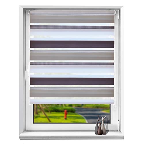 Doppelrollo Duo Rollo Klemmfix Ohne Bohren Seitenzugrollo Easyfix Klemmrollo für Fenster und Türen Fensterrollo Sonnenschutzrollo lichtdurchlässig Verdunkelun 50 x 150 cm Blanc-Anthracite-Aubergine