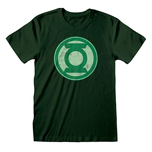 DC Comics Justice League Green Lantern Distressed Logo T-Shirt, Adultes, S-3XL, Waldgrün, Merce Ufficialee
