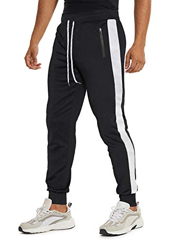 TACVASEN Men's Cotton Joggers Side Stripe Gym Sweatpants Slim Fit Sports Pants Black, 34