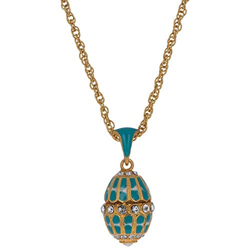 BestPysanky Aquamarine Enamel Royal Egg Pendant Necklace 20 Inches