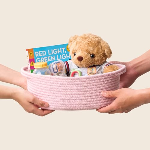 Image of 2-Pack Small Woven Gift Baskets Empty with Bags & Ribbons - Gifts for Father's Day, Baby Shower, Birthdays & Raffle - Cotton Rope Storage Basket for Dog Toys or Shelf - 12 inchx8 inchx5 inch, Light Pink
