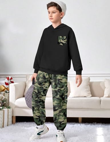 Image of KANGKANG Boys Clothes Two Piece Long Sleeve Hooded Sweatshirt Top Camouflage Sweatpants Fall Outfits Winter Clothes Set 6-16Y