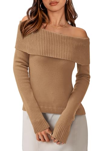 PRETTYGARDEN Off The Shoulder Sweater for Women 2025 Fall Fashion Cute Long Sleeve Tops Winter Ribbed Pullover Knit Outfits