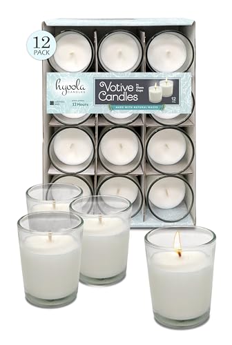 hyoola white votive candles in glass - pack of 12 votive candle - 12 hour burn time - unscented votive candles - european made glass votives