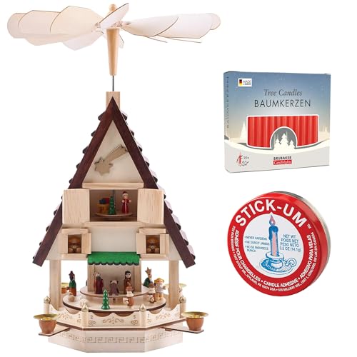 BRUBAKER Christmas Pyramid - 19.3 Inches - Designed in Germany + 20 Red Candles + Stick-Um Candle Adhesive