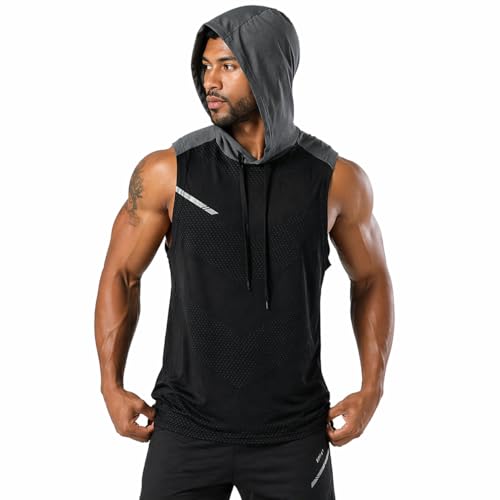 Image of Mens Sleeveless Workout Hoodie Shirts Cut Off Hooded Athletic Gym Tank Tops for Men T55N