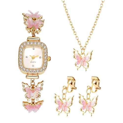 OIDEA Parure Montre Femme Papillon : Set de 3 Pièces avec Montre Strass, Collier et Clip-Oreille Fantaisie Rose - Cadeau Élégant pour Maman (Fête des...