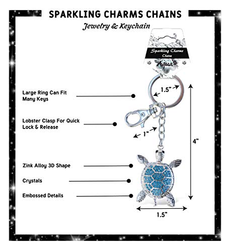 Aqua79 Blue Sea Turtle Keychain - Silver 3D Sparkling Charm Rhinestones Fashionable Stylish Metal Alloy Durable Key Ring Bling Crystal Jewelry Accessory With Clasp #TOP1