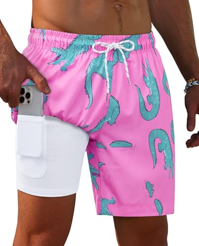 Image of Gleeease 7inch Mens Swim Trunks 2 in 1 with Compression Liner Pockets Drawstring Quick Dry Stretch Lined Funny Beach Pool