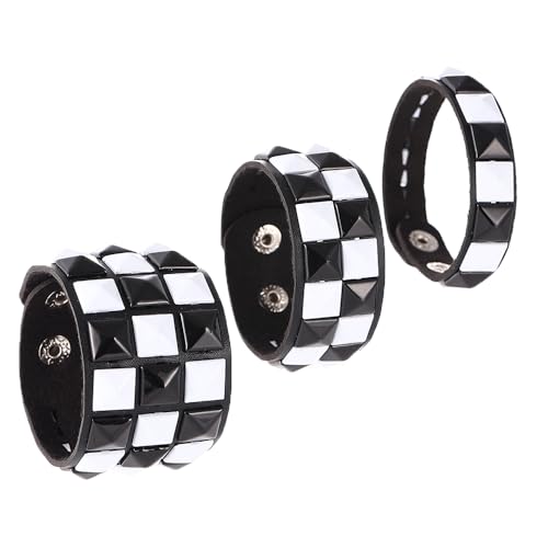 3 Piece Black White Checkered Leather Studded Punk Bracelet, Adjustable Genuine Wristband for Men Women, Gothic Halloween Accessories