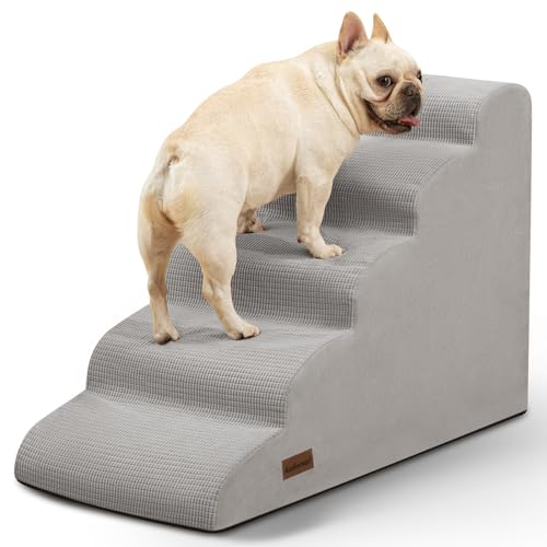 Image of Aodisman Dog Stairs for High Bed,5-Step Pet Ramp for Small Dogs and Cats | 22.2 inch H Dog Steps for Bed with High-Density Foam, Help Olders,Short-Legged Dogs,Puppy and Cats Get on Beds Easily,Light Grey