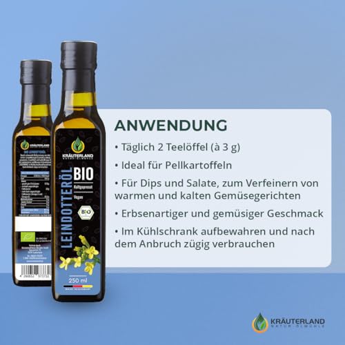 Kräuterland Bio Leindotteröl 250ml, Bio Leindotter, kaltgepresst, Rohkostqualität, reich an Vitamin E und Omega 3-6 Fettsäuren, naturrein ohne Zusatzstoffe, glasflasche, mühlenfrisch