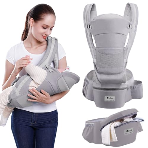 Lohofrnny Mochila Portabebès Ergonómico con Asiento de Cadera, Mochila Portabebé Transpirable Premium, Mochila Portabebés para Recién Nacidos de 0 a 36 Meses, Portabebés Hasta 25 kg (Gris)