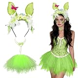 SilverChry Déguisement Fée Adulte Femme, Costume Carnaval Femme avec Serre tête Fleurie et Collier, Jupe en Tulle Légère, Costume Fée Idéal pour Pâques, Anniversaire, Fête Déguisée (Vert)