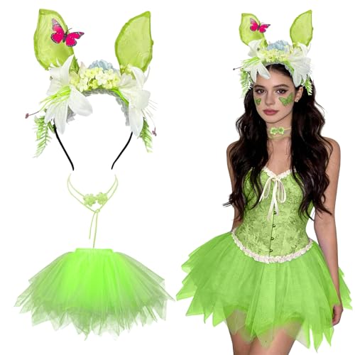 SilverChry Déguisement Fée Adulte Femme, Costume Carnaval Femme avec Serre-tête Fleurie et Collier, Jupe en Tulle Légère, Costume Fée Idéal pour Pâques, Anniversaire, Fête Déguisée (Vert)