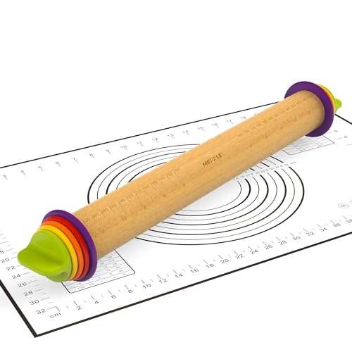 Mepple Rolling Pin with Thickness Rings and Pastry Baking Mat, 13.6