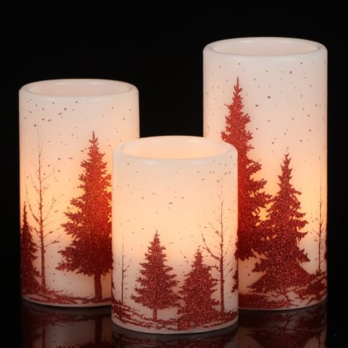 Image of GenSwin Christmas Flameless Candles with Timer, Red Christmas Tree LED Flickering Candles Real Wax, 3 Pack Pillar Fake Candle for Winter Indoor Fireplace Christmas Decor Table(D3 inch x H4 inch5 inch6 inch)