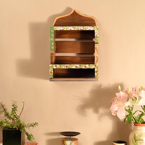 Image of AAKRITI ART CREATIONS Handcrafted Brown Wooden Wall Shelf | Decorative Hand-Painted Storage Rack, Floral Art, Matte Finish | Wall Mount Shelf for Home