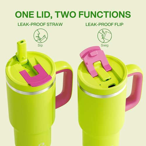 Image of 32 oz Tumbler with Handle and Straw: Stainless Steel Insulated Tumbler Keeps Cold for 24 Hours, Leakproof Travel Cup Fits in Cup Holder and BPA-Free,Acid Green