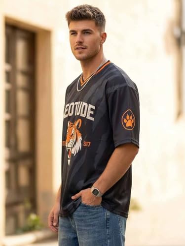 Image of LEOTUDE Men's Tiger Graphic Printed Oversized T-Shirt | Bold Red Sports Jersey Style Tee | V-Neck Half Sleeve Casual Streetwear for Men's (Color:Red)