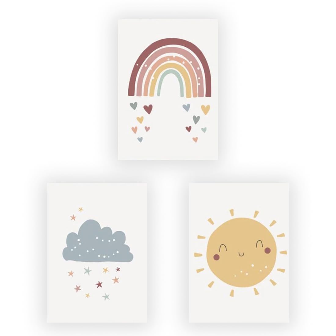 3 pósters, habitación infantil niños y niñas, nubes, arco iris, sol, cuadros pósters, decoración habitación infantil