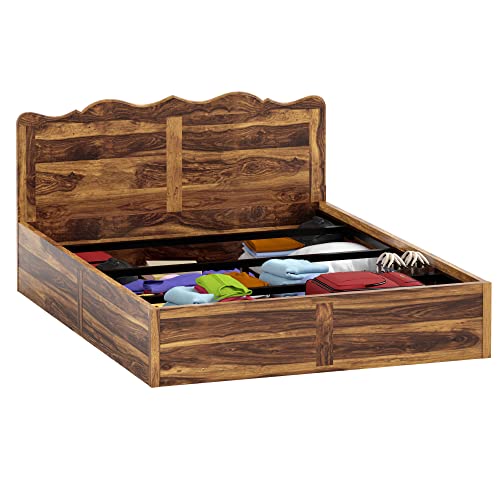Image of Solid Sheesham Wood Mehraab Queen Size Bed with Box Storage | Palang Cots Wooden Double Beds for Bedroom, Living Room, Hotel and Home (Natural Finish)