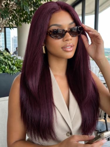 Image of KLAIYI Black Cherry Layered Straight 7x5 Pre Cut Lace Front Wigs Human Hair Bye Bye Knots Glueless Ready to Wear Go Wig Pre Plucked Pre Bleached Dark Burgundy Wine Red Beginner Wig 180% Density 22Inch