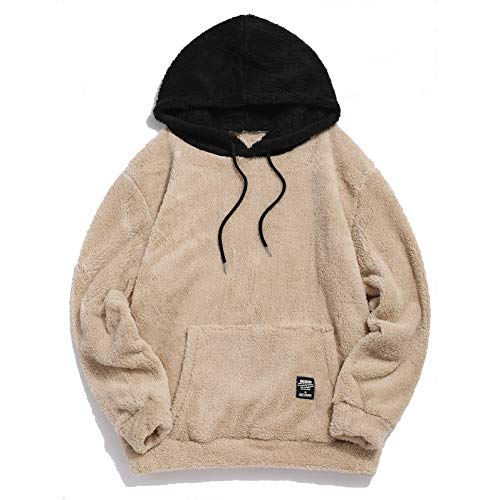 ZAFUL Fashion Hooded Sweatshirts Unisex Colorblock Splicing Drawstring Fluffy Faux Fur Hoodies Pullover (Medium, Black and Light Khaki - with Pocket)