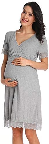 Ritera Nursing Nightgown Soft Pregnancy Nightdress Gown Labor Delivery Nightie Gown for Breastfeeding Summer Sleepwear Sexy lace Short Sleeve Grey XL