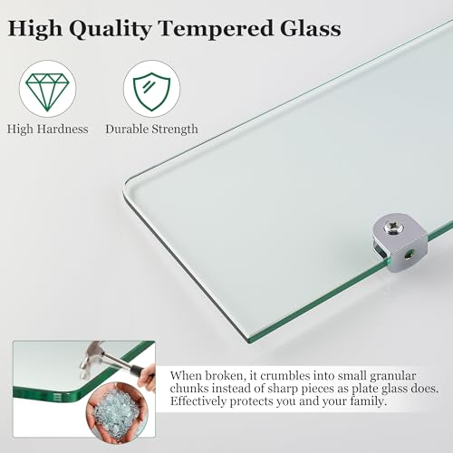 SAYAYO Bathroom Glass Shelf Wall Mounted Floating Shelves 6MM Tempered Transparent Glass with Chromed Shelf Brackets for Home Decor Kitchen 300MM Length - Image 3