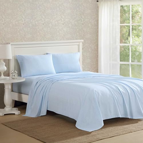 Image of Laura Ashley - Full Size Sheet Set, Crisp & Lightweight Cotton Percale Bedding with Fitted Sheet and Pillowcases, Floral Room Decor, Deep Pocket, College Dorm Room Essentials (Maeve Blue)