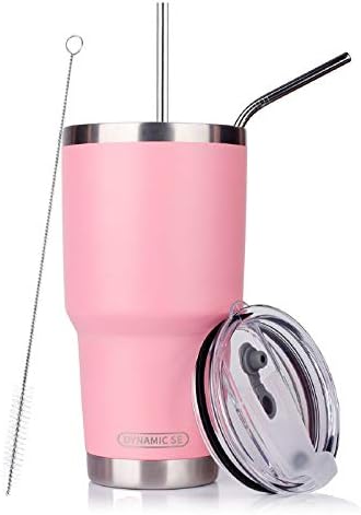 DYNAMIC SE 30oz Tumbler Double Wall Stainless Steel Vacuum Insulated Travel Mug with Splash-Proof Lid Metal Straw and Brush (Pink)