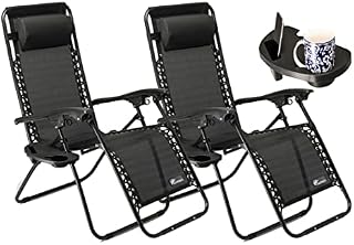 SUNMER Set of 2 Sun Lounger Garden Chairs With Cup And Phone Holder - Deck Folding Recliner Zero Gravity Outdoor Chair - Black/Black