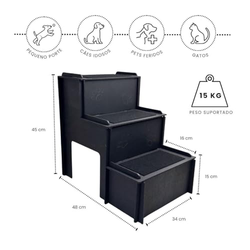 Escada Pet Preta 3 Degraus Com Carpete Antiderrapante Preta Madeira MDF 4mm