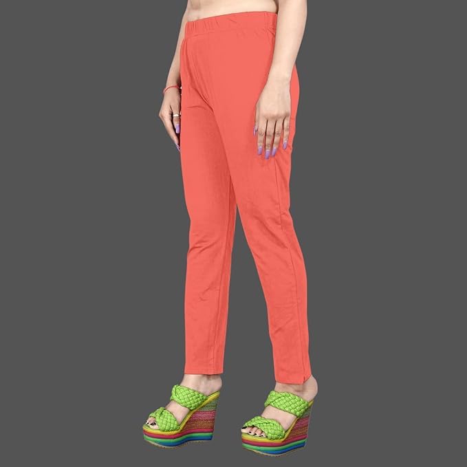 Image of Women's Solid Cotton Lycra Pants-High Waist Slim Fit Stretchable Leggings - Comfortable Long Trousers for Casual, Office & Everyday Wear