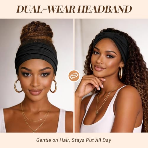 Image of Awumbuk Wide Headbands for Women Knotted No Slip Head Bands Soft Turban Headband Hair Accessories Boho African Solid Color Head Wraps for Women Yoga Workout (Dark brown)