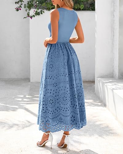 dowerme Women Summer Dresses 2026 Casual Sleeveless Crewneck A-Line Boho Lace Eyelet Cotton Tank Maxi Dress with Pockets(Grey Blue,Large) — view 5