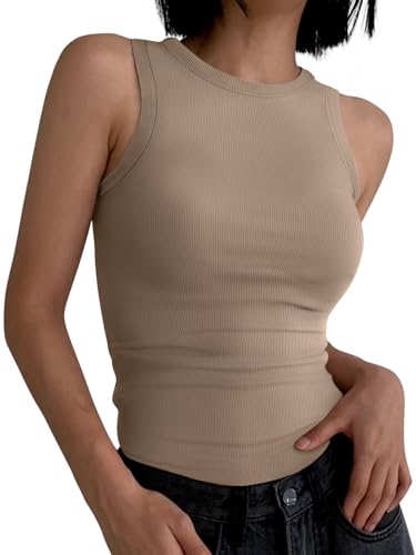 Image of ANRABESS Womens Sleeveless High Neck Tank Tops Fashion Summer Casual Basic Slim Fit Ribbed Racerback Top Shirt Clothes