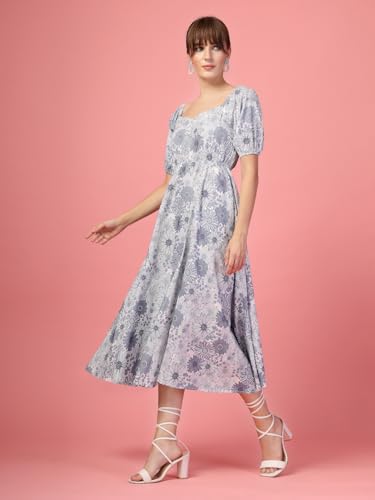 Image of OOMPH! Below Knee Shift Pink Dress in Crepe Fabric with Round Neck and Puff Sleeves - md619l