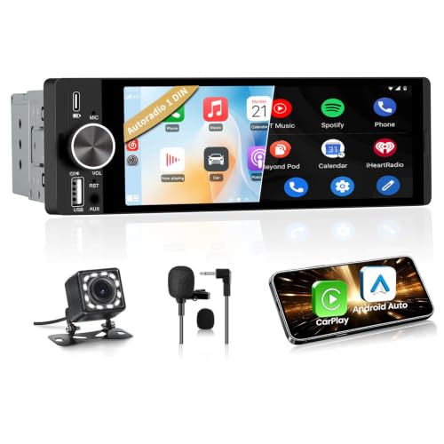 Junsun Autoradio 1 DIN Écran Tactile 6,36" avec CarPlay & Android Auto | Bluetooth, GPS, FM, Charge Type-C, 2 USB, Microphone, Égaliseur, Commandes au Volant