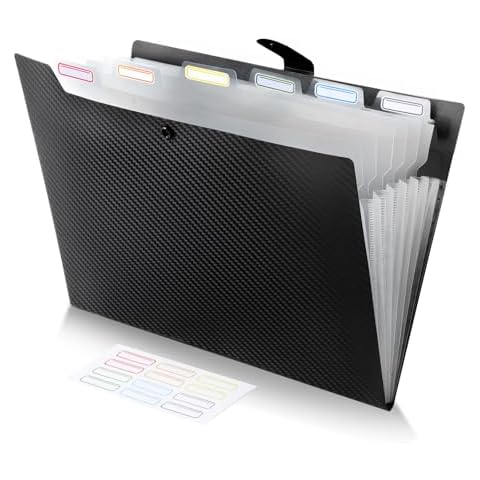 FRETONBA Expanding File Folder with 7 Pockets, A4 Letter Size Accordion File Folders for Documents, Plastic Expandable File Organizer with Labels, Portable Folder for School, Office, Home (Black) Cover