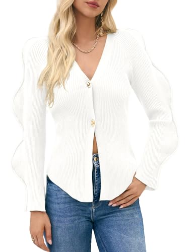 Image of Saodimallsu Womens Button Up Cardigans V Neck Ribbed Knit Fitted Sweaters Long Sleeve Trendy Split Going Out Tops