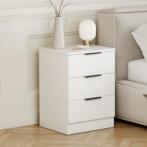 Image of Vida Designs Trega 3 Drawer Bedside Cabinet White - Compact Space-Saving Nightstand - 50H x 39W x 28D cm - Engineered Wood - Glide Drawers, Modern Black Handles - Ideal for Bedroom & Guest Room